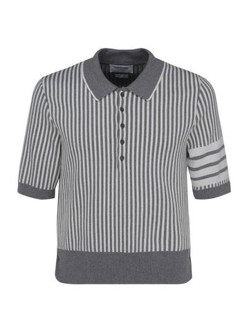 4-Bar Striped Seersucker Jacquard Short Sleeve Polo Shirt Grey - THOM BROWNE - BALAAN 1