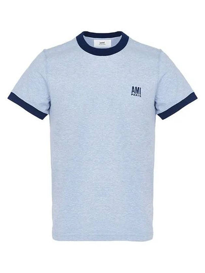 Men's Embroidered Logo Short Sleeve T-Shirt Blue - AMI - BALAAN 2