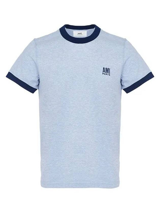 Men's Embroidered Logo Short Sleeve T-Shirt Blue - AMI - BALAAN 2