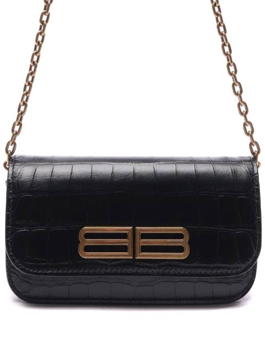 Gossip BB Logo Crocodile Chain Clutch Bag Black - BALENCIAGA - BALAAN.