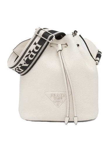 Logo Flo Leather Bucket Bag White - PRADA - BALAAN 1