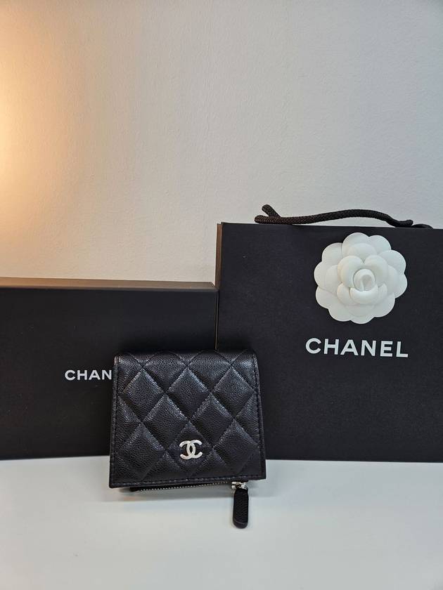 Calfskin Plain Folding Wallet Logo Folding Wallets Black - CHANEL - BALAAN 2