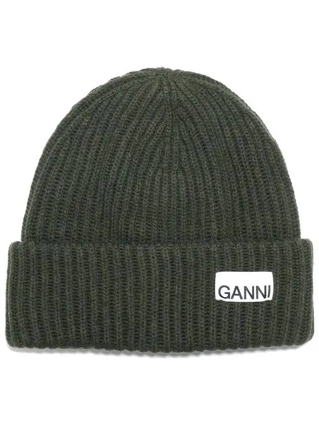 Logo Patch Knit Beanie Green - GANNI - BALAAN 2