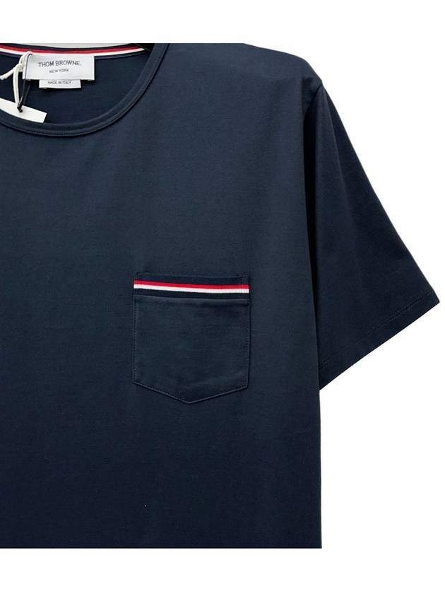 Men's Medium Weight Jersey Tipped Pocket Crewneck Short Short Sleeve T-Shirt Navy - THOM BROWNE - BALAAN 4