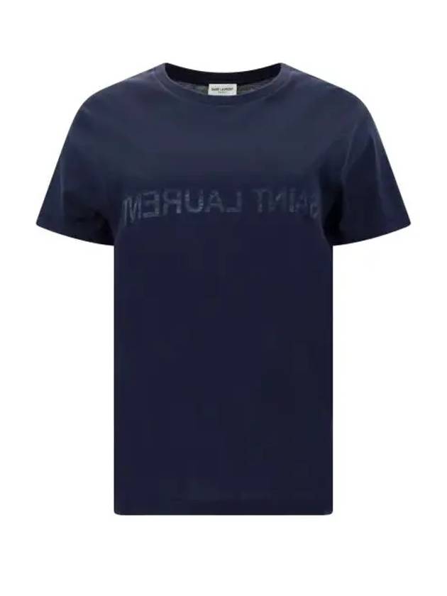 Reverse Logo Print Cotton Short Sleeve T-Shirt Navy - SAINT LAURENT - BALAAN 2