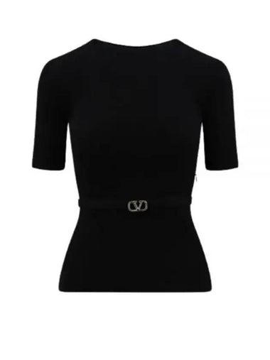 Women's V Logo Belt Wool Knit Top Black - VALENTINO - BALAAN 1