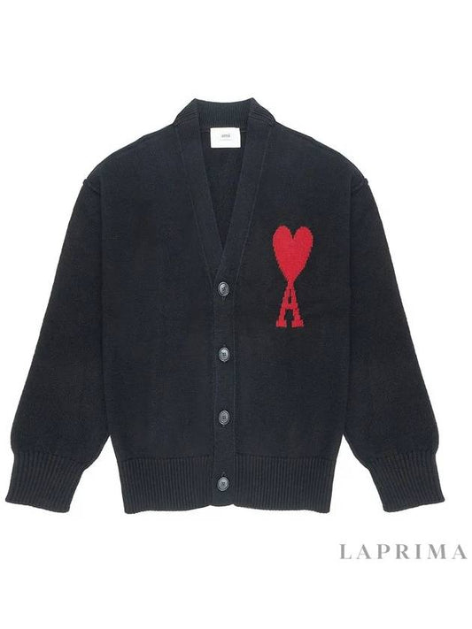 Heart Logo V Neck Wool Cardigan Black - AMI - BALAAN 2