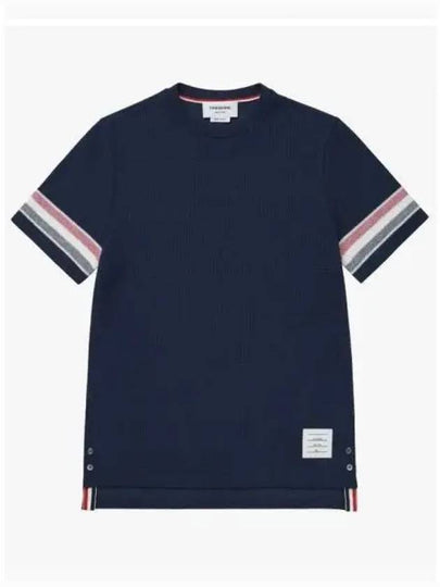 Textured Cotton Stripe Short Sleeve T-Shirt Navy - THOM BROWNE - BALAAN 2