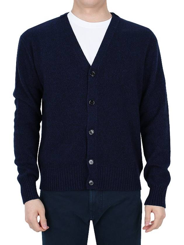 Heart Logo V Neck Cashmere Cardigan Navy - AMI - BALAAN 3