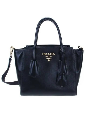 Gold Logo Grace Calfskin Tote Bag Black - PRADA - BALAAN 1