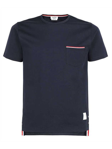 Men's Medium Weight Jersey Tipped Pocket Crewneck Short Short Sleeve T-Shirt Navy - THOM BROWNE - BALAAN 1