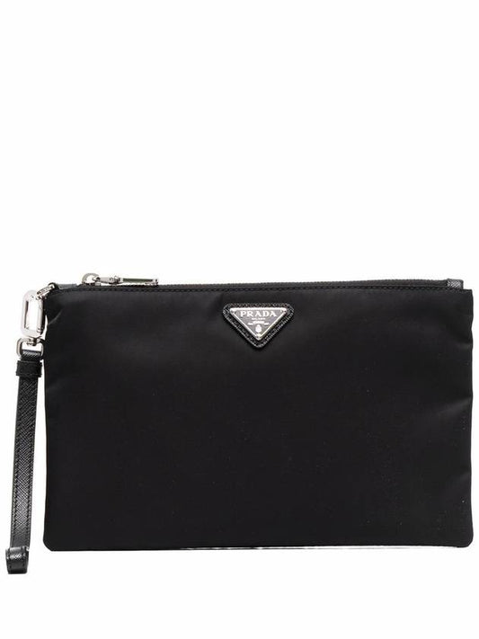 Saffiano Re Nylon Leather Strap Clutch Black - PRADA - BALAAN 2