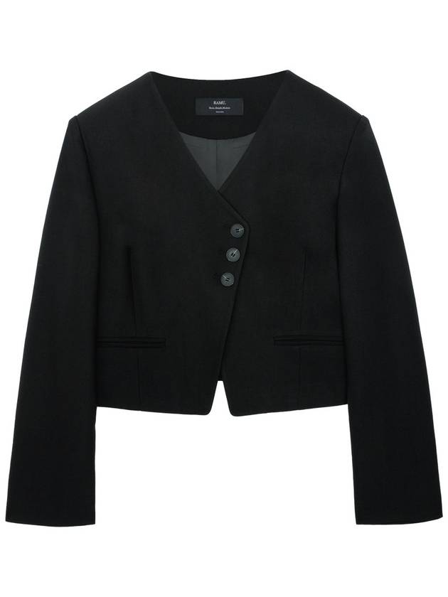 Colin Wool No-Collar V-neck Diagonal Three Button Long Sleeve Crop Jacket Black - RAMUSTUDIO - BALAAN 2