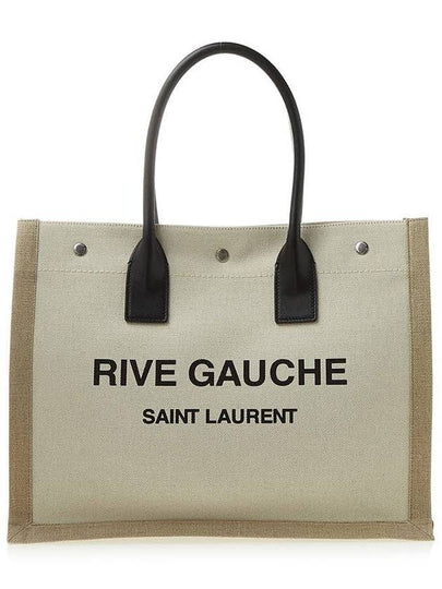 Rive Gauche Logo Linen Small Tote Bag Black Natural - SAINT LAURENT - BALAAN 2