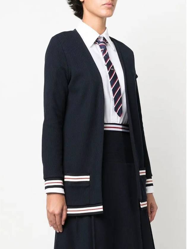 Cricket Stripe Lightweight Textured Cotton V-Neck Cardigan Navy - THOM BROWNE - BALAAN 5