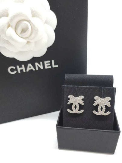 CC Logo Ribbon Metal Diamantes Crystal Earrings Silver - CHANEL - BALAAN 2