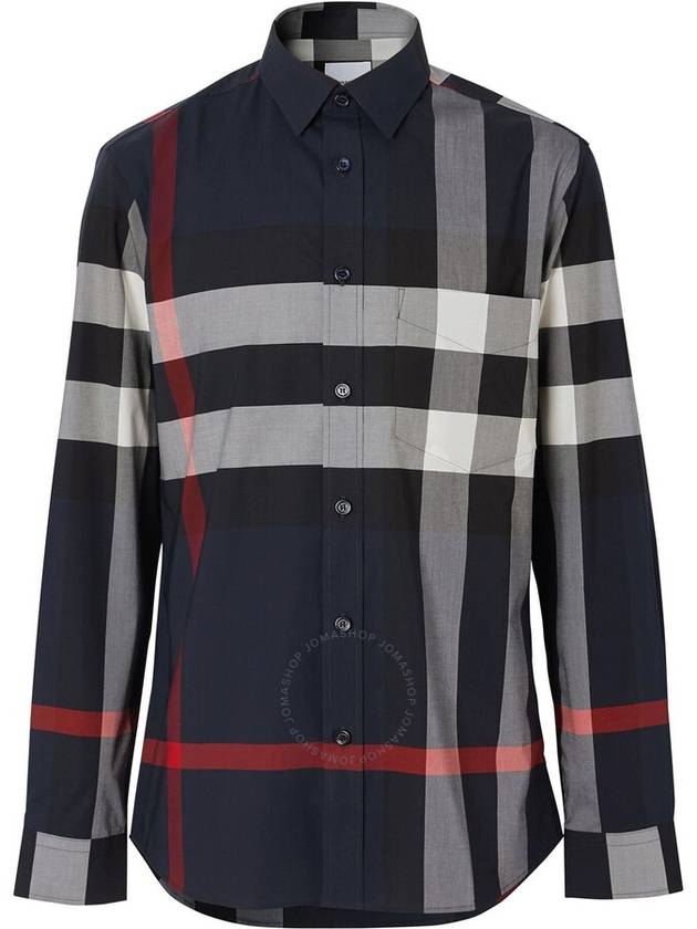 Men's Checked Stretch Cotton Poplin Long Sleeve Shirt Navy - BURBERRY - BALAAN 2