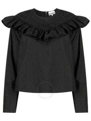 Ganni Cotton Poplin Frill Blouse In Black, Brand Size 38 (US Size 4) - GANNI - BALAAN 1