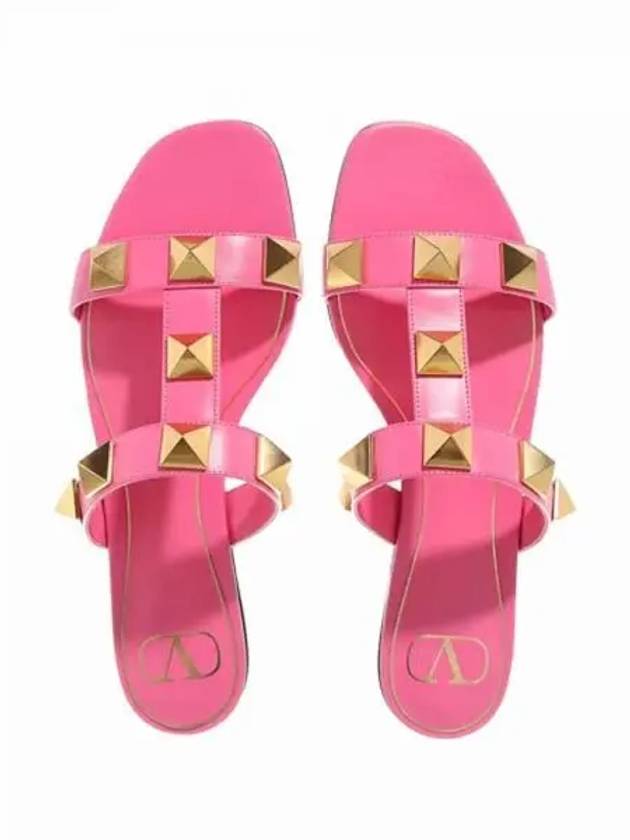 Women's Leather Roman Studded Flat Slippers Pink - VALENTINO - BALAAN 2