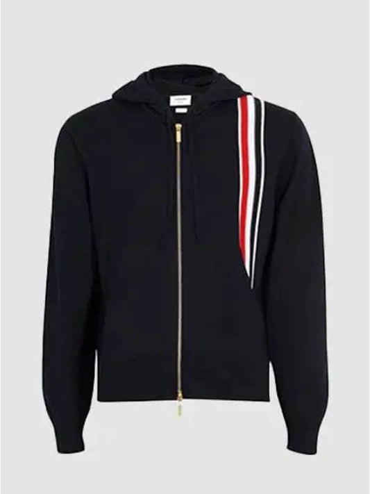 Three Stripe Intarsia Stitching Relaxed Fit Merino Wool Zip Up Hoodie Navy - THOM BROWNE - BALAAN 2