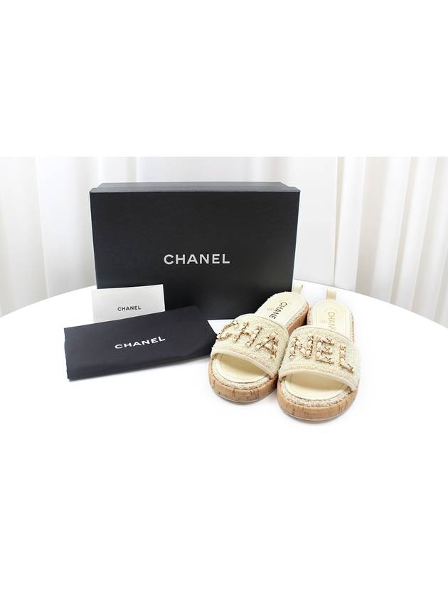 Tweed Chain Logo Slides Women s Mule Slippers Ivory 36 5 Size G34826 - CHANEL - BALAAN 3