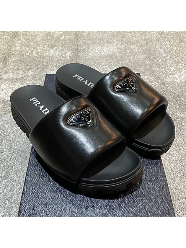 Logo Padded Leather Slippers Black - PRADA - BALAAN 5