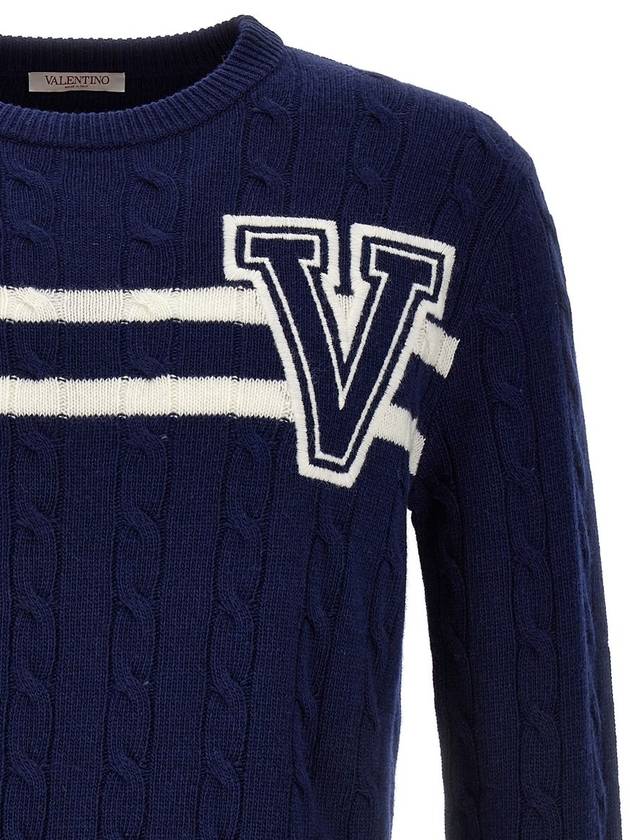 V Logo Virgin Wool Knit Top Navy - VALENTINO - BALAAN 4