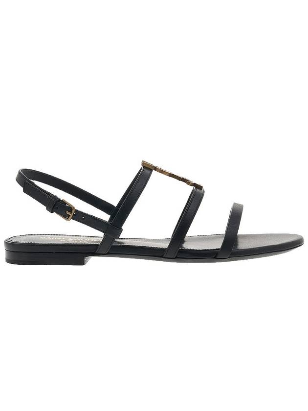 Women's Smooth Leather Gold Tone Monogram Detail Cassandra Flat Sandals Black - SAINT LAURENT - BALAAN 3