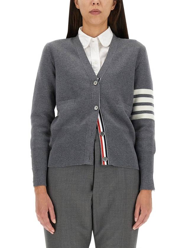 Milano Stitch 4 Bar Classic V Neck Fine Merino Wool Cardigan Medium Grey - THOM BROWNE - BALAAN 10