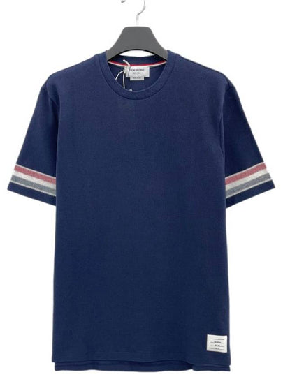 Textured Cotton Stripe Short Sleeve T-Shirt Navy - THOM BROWNE - BALAAN 2