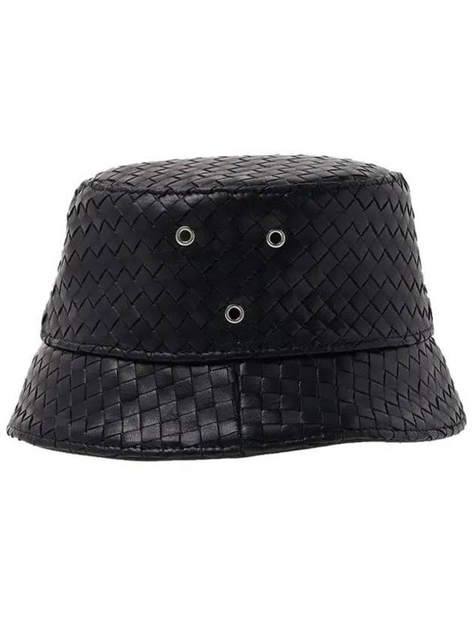 Intrecciato Leather Bucket Hat Black - BOTTEGA VENETA - BALAAN.