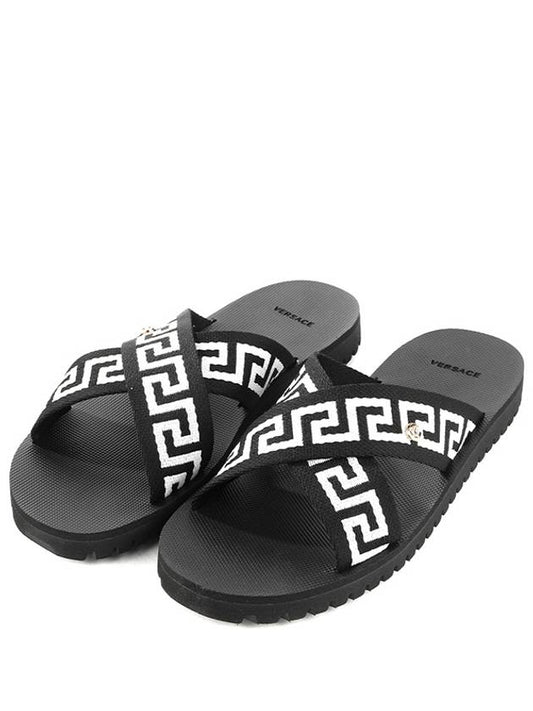 Nastro Greca Cross Slippers Black - VERSACE - BALAAN.