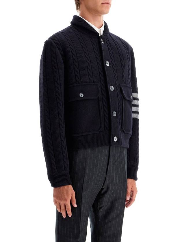 4 Bar Cable Merino Wool Cotton Bomber Jacket Navy - THOM BROWNE - BALAAN 3