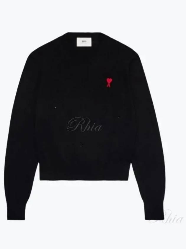 Heart Embroidered Logo Crew Neck Knit Top Black - AMI - BALAAN 2