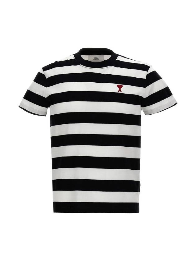 Logo Heart Striped Short Sleeve T Shirt Black - AMI - BALAAN 1