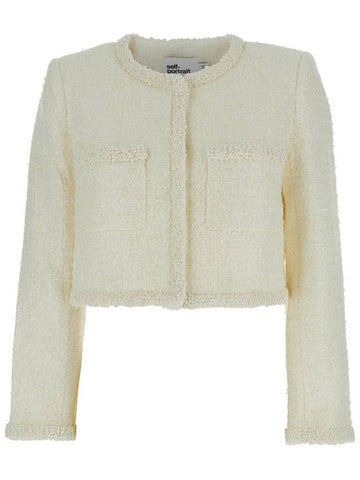 Beige Crewneck Jacket With Sequin And Faux-Pearls Embellishments In Tech Fabric Woman - SELF PORTRAIT - BALAAN 1