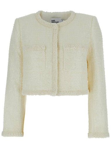 Beige Crewneck Jacket With Sequin And Faux-Pearls Embellishments In Tech Fabric Woman - SELF PORTRAIT - BALAAN 1