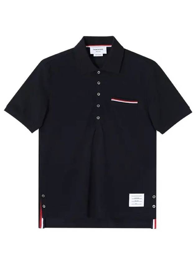 Men's Three Stripes Pocket Mercerized Short Sleeve Polo Shirt Navy - THOM BROWNE - BALAAN 4