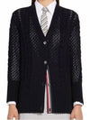 Pointel cable knit V-neck cardigan navy - THOM BROWNE - BALAAN.