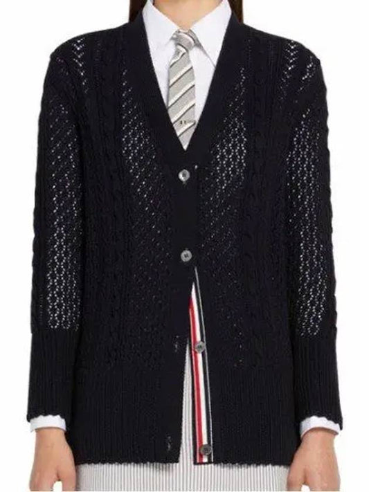 Pointelle Cable Knit V Neck Cardigan Navy - THOM BROWNE - BALAAN 2