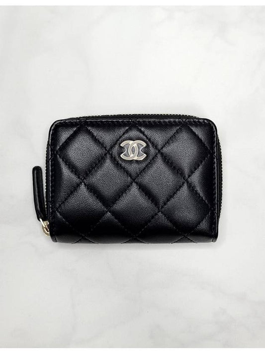 Classic Gold Hardware Logo Flap Zip Lambskin Card Wallet Black - CHANEL - BALAAN.