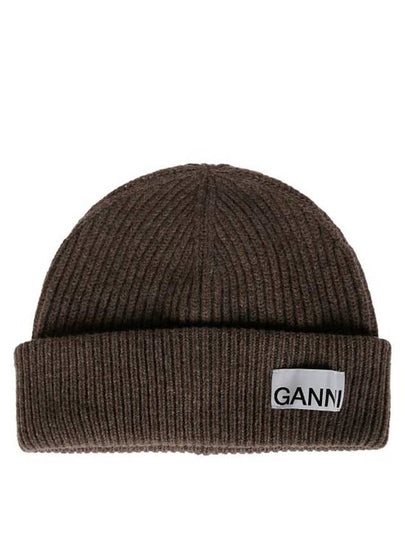 Logo Tag Ribbed Beanie Brown - GANNI - BALAAN 2