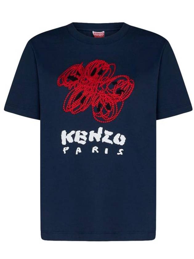 Drawn Varsity Embroidered Classic Cotton T-Shirt Midnight Blue - KENZO - BALAAN 2