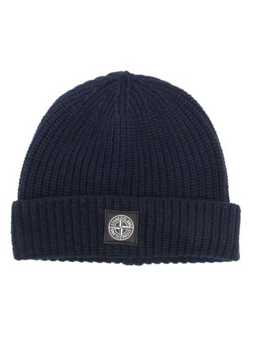 Logo Knit Beanie Navy - STONE ISLAND - BALAAN 1