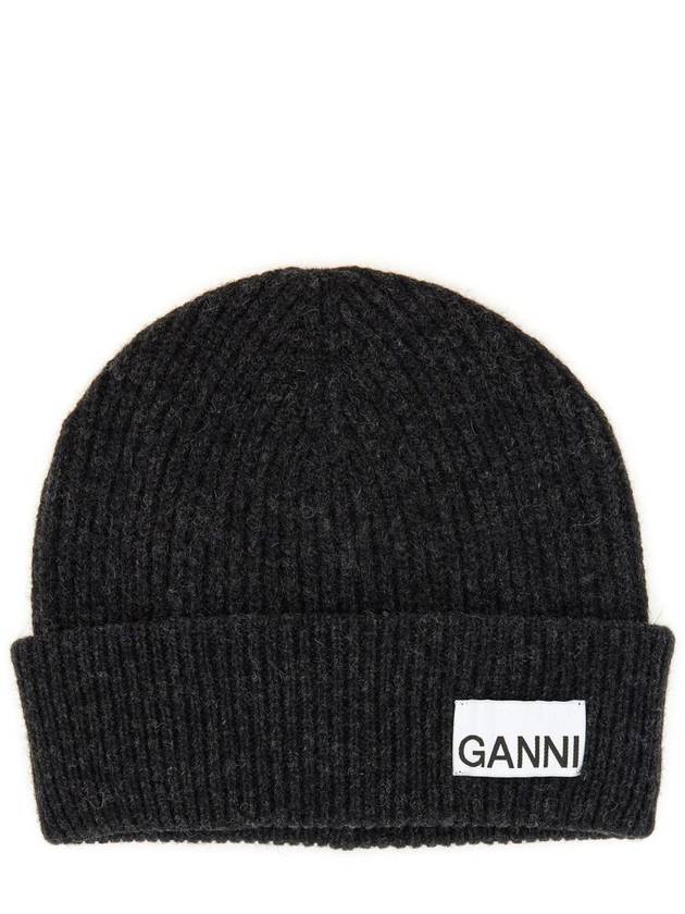 Logo Label Rib Knit Wool Beanie Dark Grey - GANNI - BALAAN 3