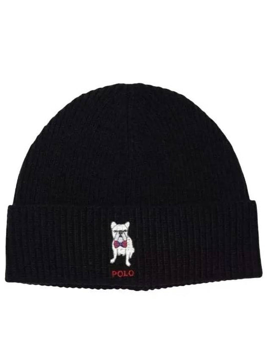 Embroidered French Bulldog Wool Beanie Black - POLO RALPH LAUREN - BALAAN 2