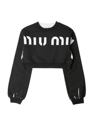 Logo Print Crop Cotton Sweatshirt Black - MIU MIU - BALAAN 1