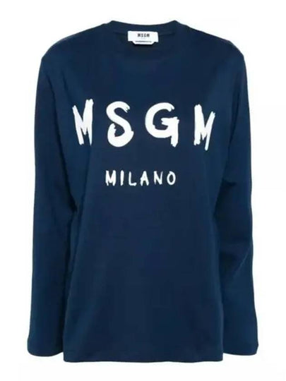 Brushed Logo Cotton Long Sleeve T-Shirt Navy - MSGM - BALAAN 2