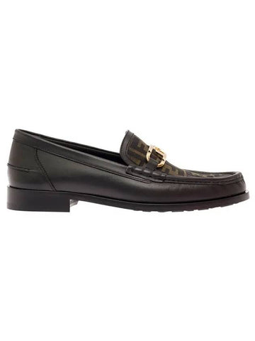 FF O Rock Fabric Leather Loafers Black Brown - FENDI - BALAAN 1