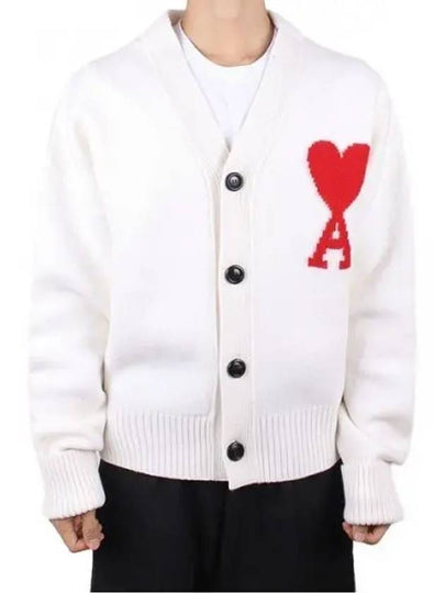 Big Heart Logo Oversized Intarsia Cardigan White - AMI - BALAAN 2